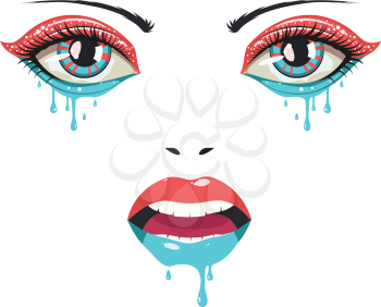 Female face with colorful eyes and lips with melting paint.