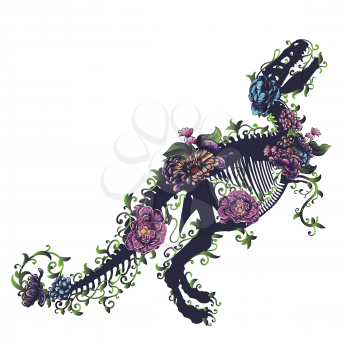 Silhouette of a tyrannosaurus rex skeleton with flowers on white background.