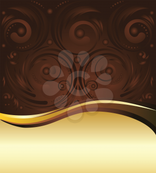 Decorative brown and gold background with floral elements.