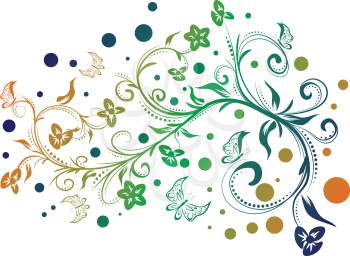 Decorative floral ornament with butterflies, orange, green and blue color gradient.