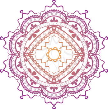 Round lace flower ornament on purple and yellow color on white background.