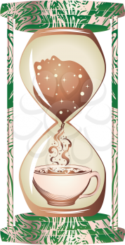 Vintage hourglass, cup of hot coffee and human head silhouette, awakeness concept.