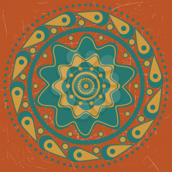 Abstract ornament of turquoise and yellow color on orange background.