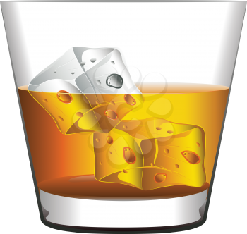 Glass of whiskey with ice cubes illustration.