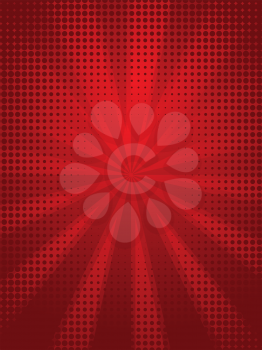 Illustration of abstract red background with rays and halftone.