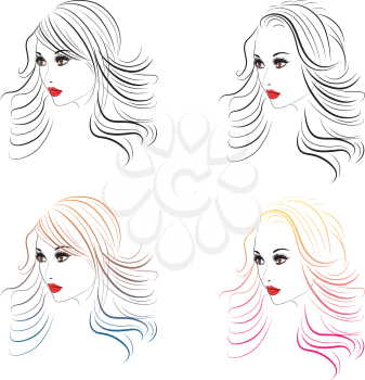 Female face with makeup and fashion hairstyle in line art.