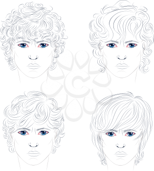 Stylized portrait of a man with curly hair in different styles.