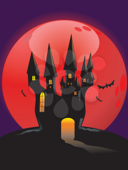 Illustration of halloween castle silhouettes with fullmoon background.