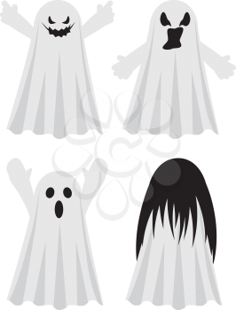 Cute white Halloween ghosts with scary faces.