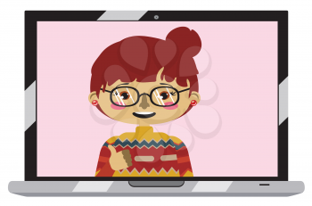 Cartoon asian girl on laptop screen, chatting online, distance technology concept.