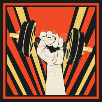 Human hand holding dumbbells, sports themed retro illustration.