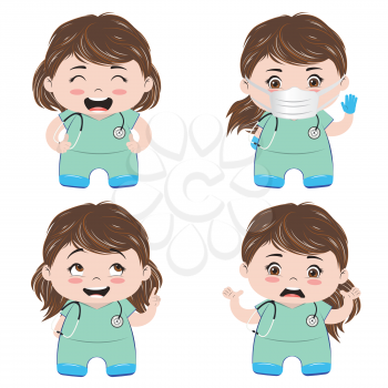 Cartoon professional female medical staff in scrubs set.