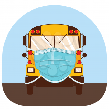 Yellow school bus in disposable surgical mask illustration.