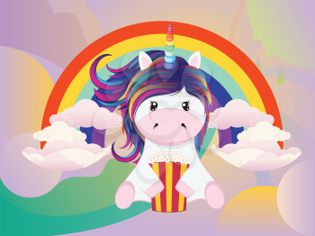 Cute cartoon unicorn with popcorn and rainbow illustration.