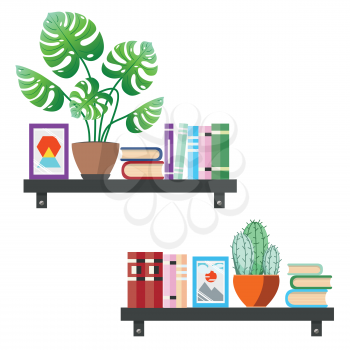 Abstract bookshelf with books and house plants illustration.