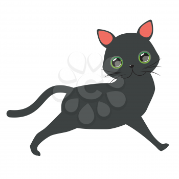 Cute cartoon black cat with big green eyes over white background.