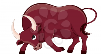 Cute cartoon brown bull on white background illustration.