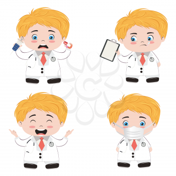 Cute cartoon doctor with medical equipment icons.