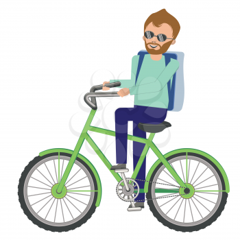Abstract cartoon man with backpack riding bicycle illustration.
