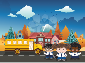 Back to school illustration with happy kids and rural school building.

