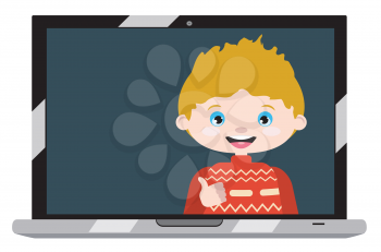 Cartoon caucasian boy on laptop screen, chatting online, distance technology concept.