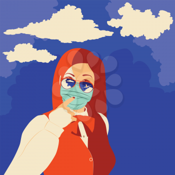 Portrait of a girl in face mask and sunglasses with reflective airplane and blue sky.