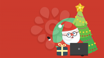 Christmas banner with Christmas tree and cartoon Santa works on a laptop.