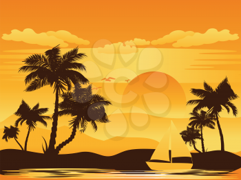 Tropical landscape with palm trees at sunset.