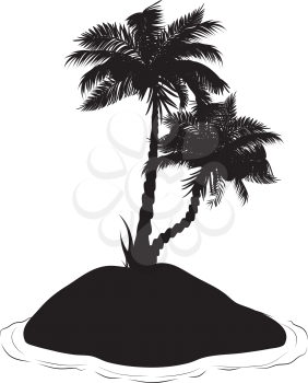 Black silhouette of a tropical island with palm trees illustration.