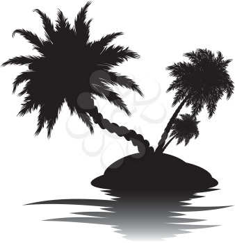 Black silhouette of a tropical island with palm trees illustration.