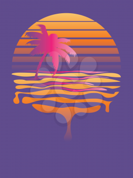 Stylized striped sun and palm tree abstract futuristic design background.