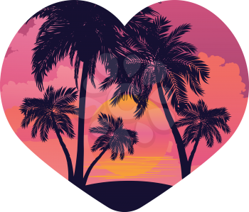 Palm trees on tropical island landscape in a heart, sunrise or sunset background.