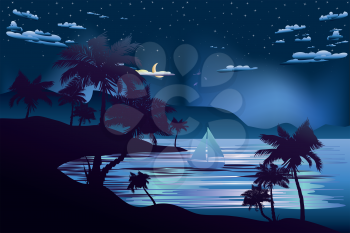 Night tropical sea landscape, boat and palm island silhouette.