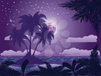 A tropical island at night under starry sky background.