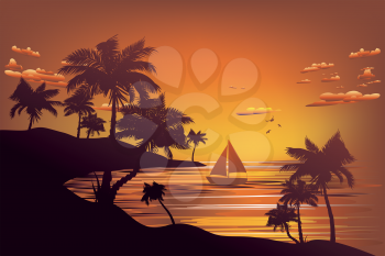 Sunset tropical sea landscape, boat and palm island silhouette.