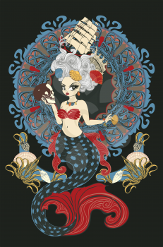 Stylized mermaid with rococo hairstyle and art nouveau frame, retro background.