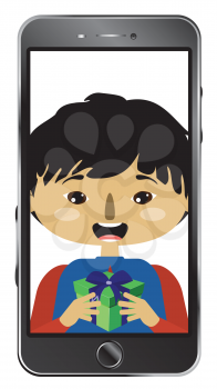 Cartoon asian boy on smartphone screen, chatting online, distance technology concept.