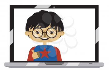 Cartoon asian boy on laptop screen, chatting online, distance technology concept.