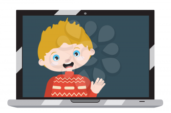 Cartoon caucasian boy on laptop screen, chatting online, distance technology concept.