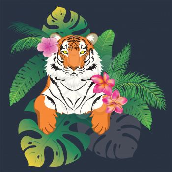 Abstract portrait of red tiger with yellow eyes with tropical leaves and flowers.