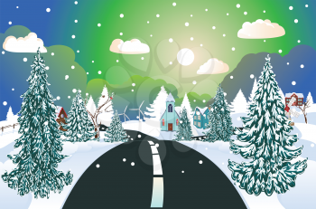 Winter road to the snowy village landscape, Christmas greeting.
