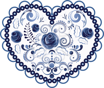 Vintage decorative floral ornament in a shape of a heart in blue.