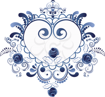 Vintage decorative floral ornament in a shape of a heart in blue.