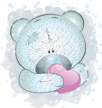 Cute cartoon blue teddy bear with heart on white background.