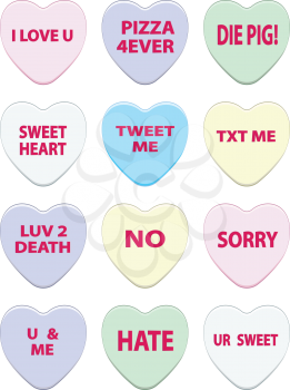 Valentines day lovely candies, colorful conversation hearts set.