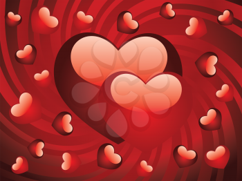 Red hearts and background with beams illustration.