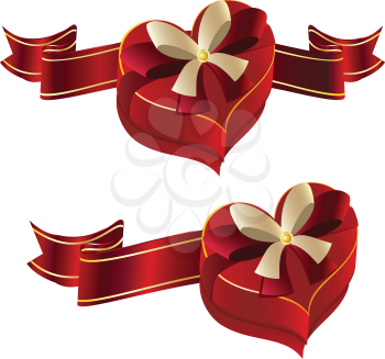 Bright red heart shaped gift box with ribbon.