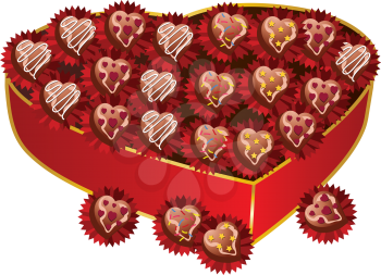 Illustration of opened red heart shape gift with chocolates for Valentine's Day.