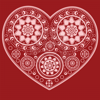Illustration of abstract ornamental heart on red background.