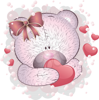 Cute cartoon pink teddy bear with heart on white background.